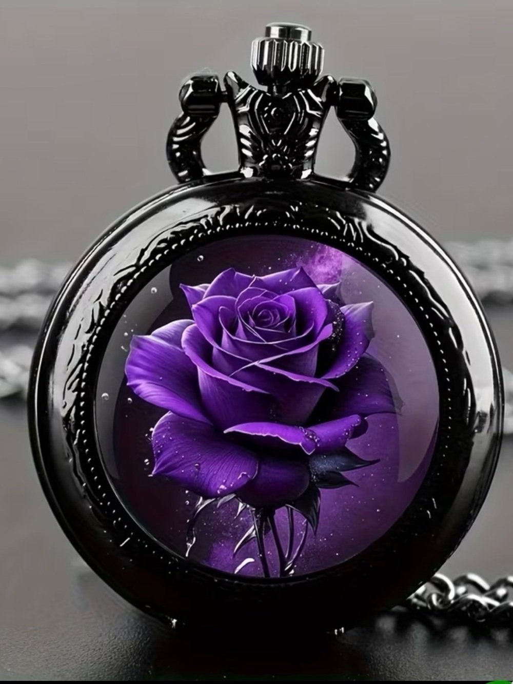 Vintage Style Black Pendant Necklace with Purple Rose Art - Women Jewelry